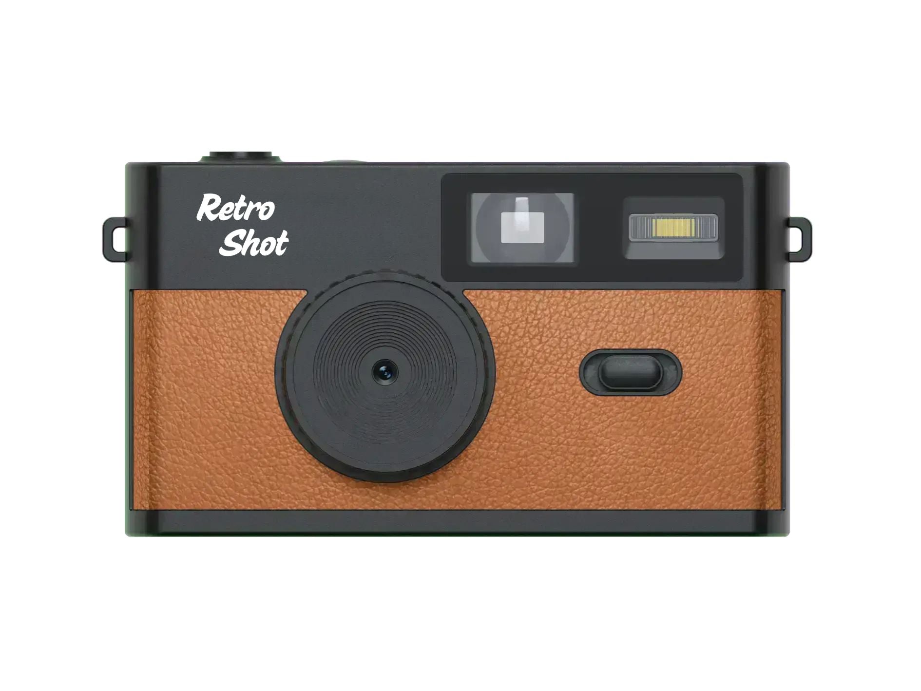 Retro-style camera with brown leather finish and 'Retro Shot' branding on a white background